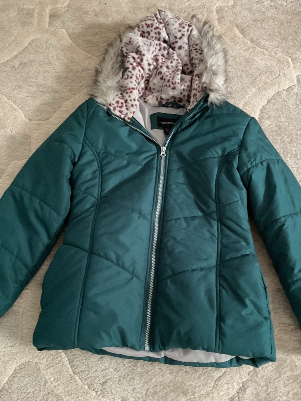 Teal Puffer Jacket with Faux Fur Hood